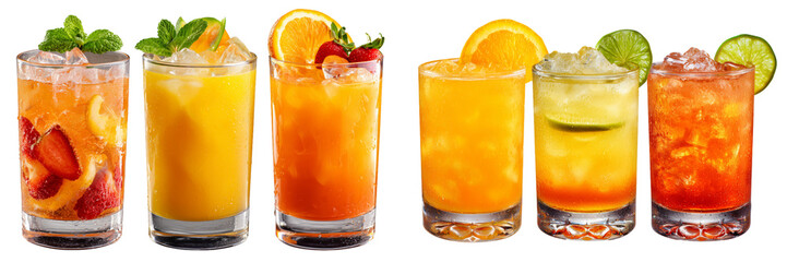 Set of a, 3 different types of orange cocktail in glasses, isolated on a transparent background.
