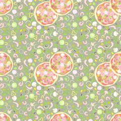 Hand drawn watercolor tomato pizza and prawns seamless pattern isolated on grey background. Can be used for textile, fabric, scrapbook and other printed products.