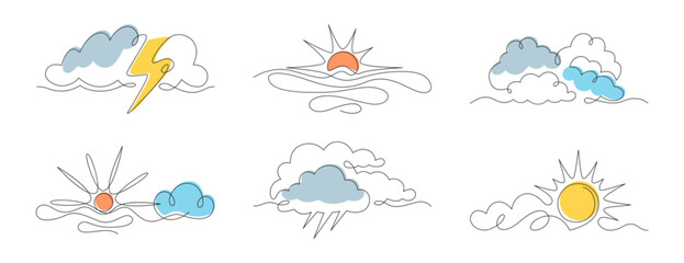 Vector doodle art continuous one line sun, clouds, thundercloud and lightning, rain. Linear summer symbols silhouette. Single thin outline weather icons or nature elements isolated on white background