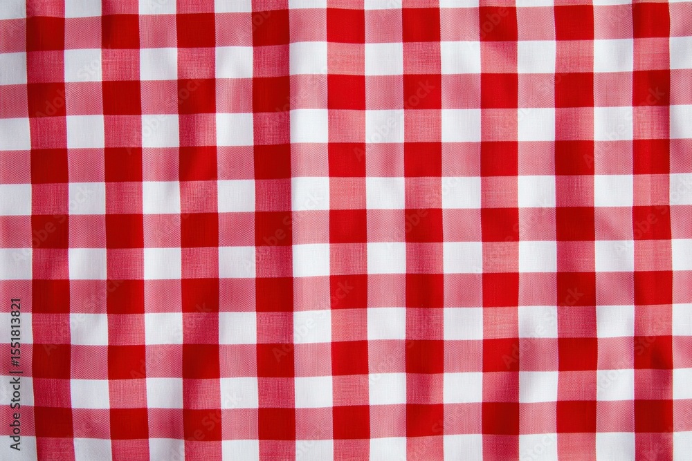 Poster a close-up image of red and white gingham fabric with a checkered pattern.