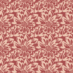Vector floral pattern. Seamless ornament with sketchy flower silhouettes. Red and beige abstract botanical background texture with negative space graphic effect. Repeated design for textile, wallpaper