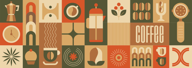 Abstract geometric food pattern with coffee beans, leaves, drink cup, bakery dessert in bauhaus style. Vector minimalist seamless background, design template for restaurant cover, cafe menu, package