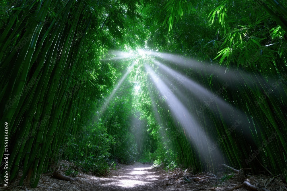 Poster sunlight streams through a lush bamboo forest creating a serene natural pathway