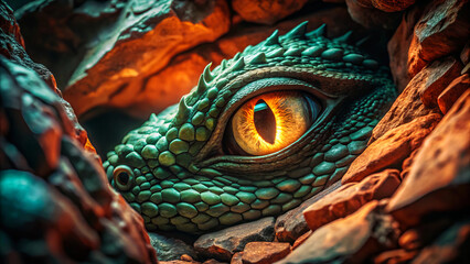 Obraz premium Majestic Dragon Eye Peering from Caves Surrounded by Rocks and Warm Glowing Light