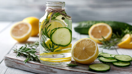 Obraz premium Infused water bottle containing lemon slice, cucumber, and rosemary leaf, placed on white wood