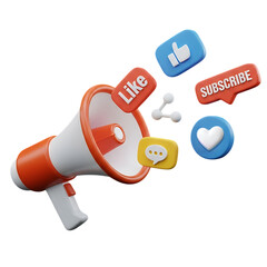 3D Render Megaphone Announcing Social Media Engagement; Likes, Shares, Comments, and Subscriptions. digital marketing announcement concept theme 3D illustration