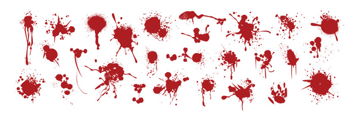 Spray paint ink drips, red stains, liquid splatters or blots. Blood splashes, graffiti speckles, spatters or inkblot spots for halloween design. Paintbrush blobs, splotches with horror crime effects