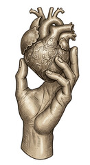 Vintage Anatomy Hand Holding Heart Medical Vector Illustration