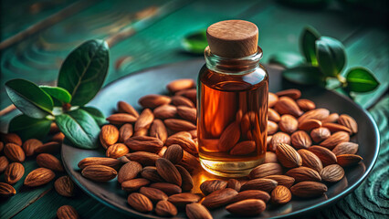 Natural Almond Oil Bottled with Fresh Almonds and Green Leaves on a Wooden Table