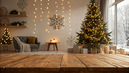 Cozy Winter Living Room with Christmas Tree and Fairy Lights Decorated for the Holiday Season