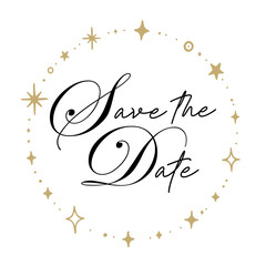 Save the date invitation card, circular frame of doodle stars