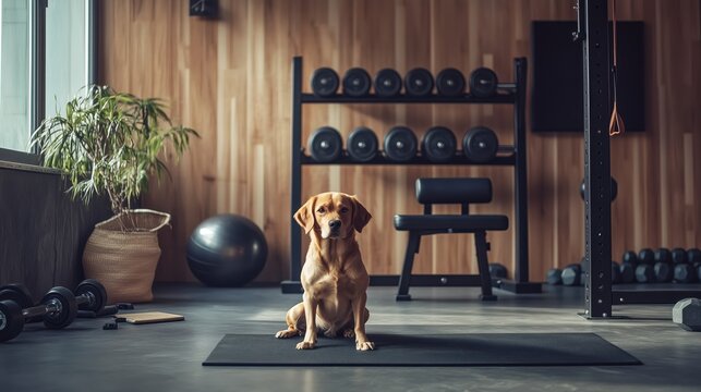 A dog is sitting calmly on a mat in a home gym with workout equipment.