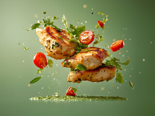 Delicious Grilled Chicken Breast with Fresh Herbs Tomatoes and Pesto Sauce in Mid Air