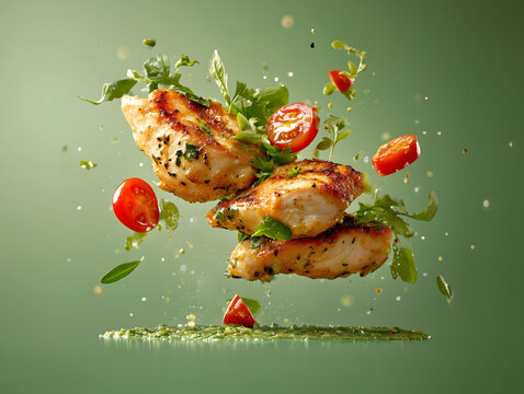 Delicious Grilled Chicken Breast with Fresh Herbs Tomatoes and Pesto Sauce in Mid Air