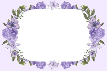Purple flowers greeting card. Design template of greeting card. Congratulation, happy birthday, happy weeding, happy anniversary, invitation card