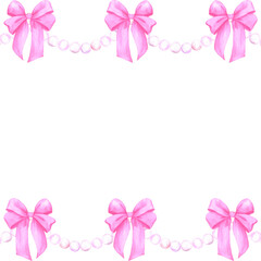 Hand drawn watercolor pearls stings with pink bows frame border isolated on white background. Can be used for cards, scrapbook album and other printed products.