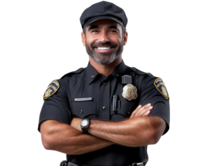 Confident Police Officer in Uniform with Crossed Arms, Smiling, on Transparent Background for Law Enforcement and Community Safety Themes