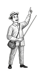 Vintage Illustration of Man Pointing Upward With Hat and Cane