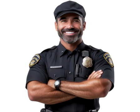 Confident Police Officer in Uniform with Crossed Arms, Smiling, on Transparent Background for Law Enforcement and Community Safety Themes - Powered by Adobe