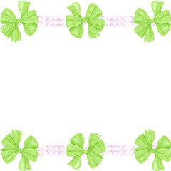 Hand drawn watercolor pearls stings with green bows frame border isolated on white background. Can be used for cards, scrapbook album and other printed products.