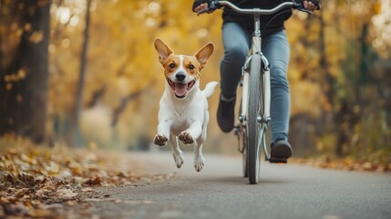A happy dog is running beside a person riding a bicycle through an autumn park.