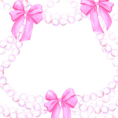 Hand drawn watercolor pearls stings with pink bows frame border isolated on white background. Can be used for cards, scrapbook album and other printed products.