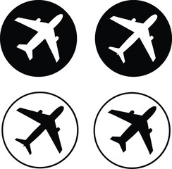 Airplane Circular Icons. Black and White Aircraft Symbols.