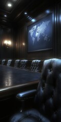 Elegant Boardroom with Dark Wood and World Map Artwork