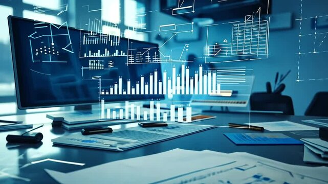 Modern office workspace with digital analytics on screens and scattered documents, showcasing productivity