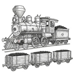 Vintage Locomotive Train Illustration With Coal Cars On Transparent Background