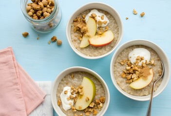 Oatmeal Bowls with Apples, Nuts, Yogurt, and Sugar