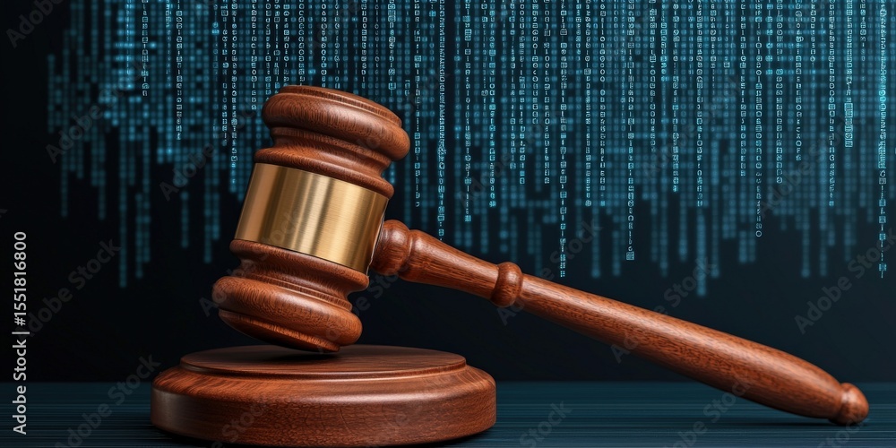 Poster legal advice procedure concept. gavel on stand with binary code background symbolizing justice and t
