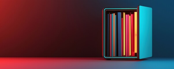 legal advice procedure concept. Colorful books in a modern case against a gradient backdrop.