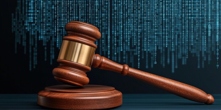 legal advice procedure concept. Gavel on stand with binary code background symbolizing justice and technology.