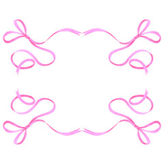 Pink ribbon bow frame border, hand drawn watercolor illustration isolated on white background. Horizontal template for greeting card or wedding invitation, postcards and other printed products.