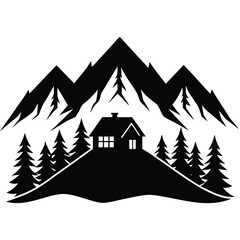 Fototapeta premium Silhouette of a house on a hill with mountains and pine trees