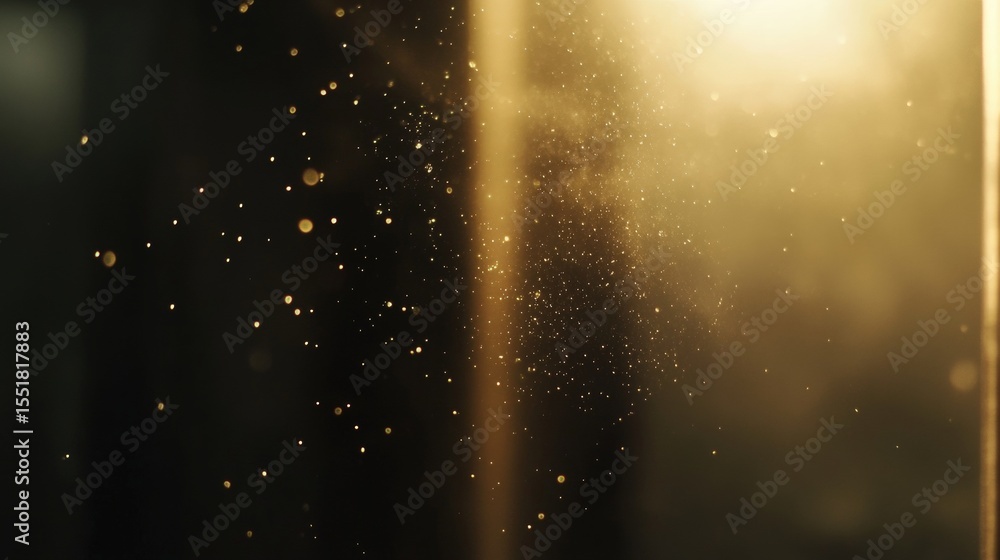 Aufkleber tiny illuminated dust particles float in a dark space, highlighted by warm sunlight streaming throug