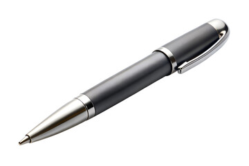 Elegant dark gray ballpoint pen with silver accents isolated on transparent background