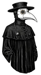 Vintage Plague Doctor Illustration with Bird Mask Costume and Black Robe