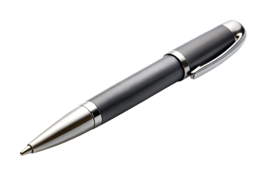 Elegant dark gray ballpoint pen with silver accents isolated on transparent background