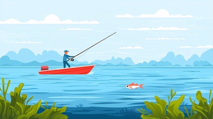vector illustration of fisherman using pole on small boat near coral reef, releasing undersized fish, clean ocean background with copy space on top sustainable fishing coral reef responsible 