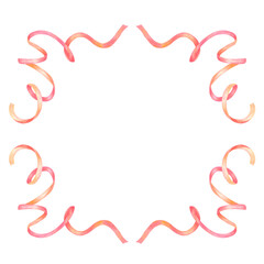 Red wavy ribbon frame border, hand drawn watercolor illustration isolated on white background. Template for greeting card or invitation, postcards and other printed products.
