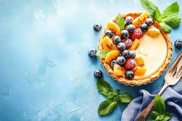 Fresh Fruit Tart with Berries and Mint on Blue Background