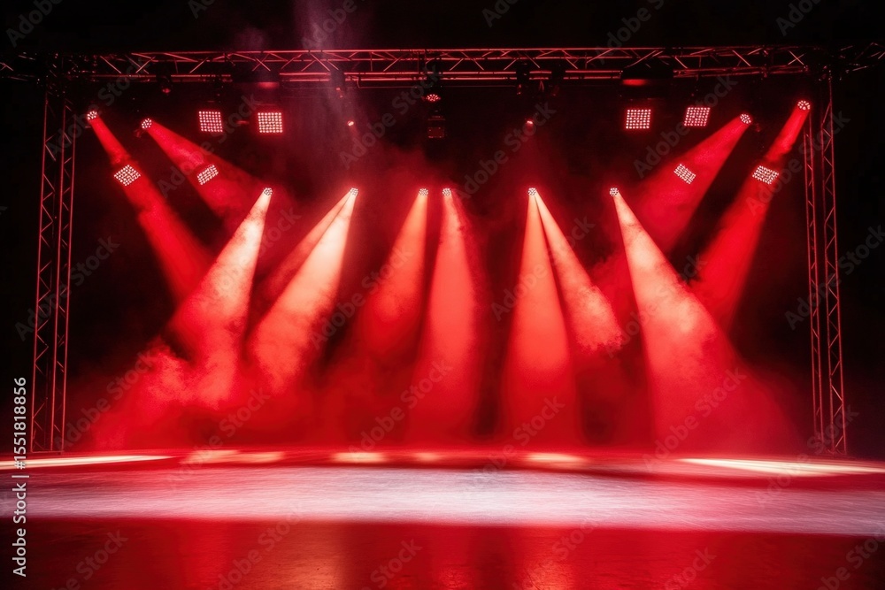 Poster empty stage illuminated by red spotlights and fog, creating a dramatic and intense atmosphere.