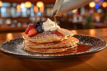 Delicious Stack of Pancakes with Berries and Maple Syrup Drizzle