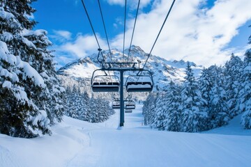 Ski lift ascends through snowy mountains under clear blue sky at winter sunset near popular ski resort