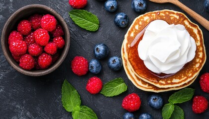 Fresh Pancakes with Berries and Cream on Dark Stone Background