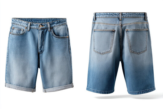 Front and back view of blue jean shorts with a rolled hem for a casual look.