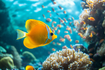 Obraz premium Clownfish swimming through vibrant coral reef underwater ocean scene with colorful marine life, generative ai