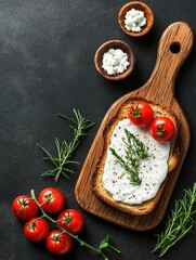 Delicious Healthy Toast with Cheese, Tomatoes and Herbs on Cutting Board